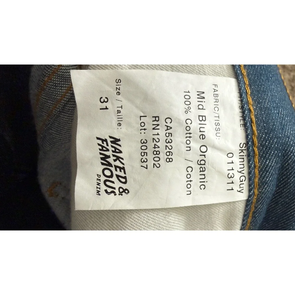 Naked & Famous SkinnyGuy Mid Blue Organic Denim Jeans Mens 31x35 Selvedge kk07